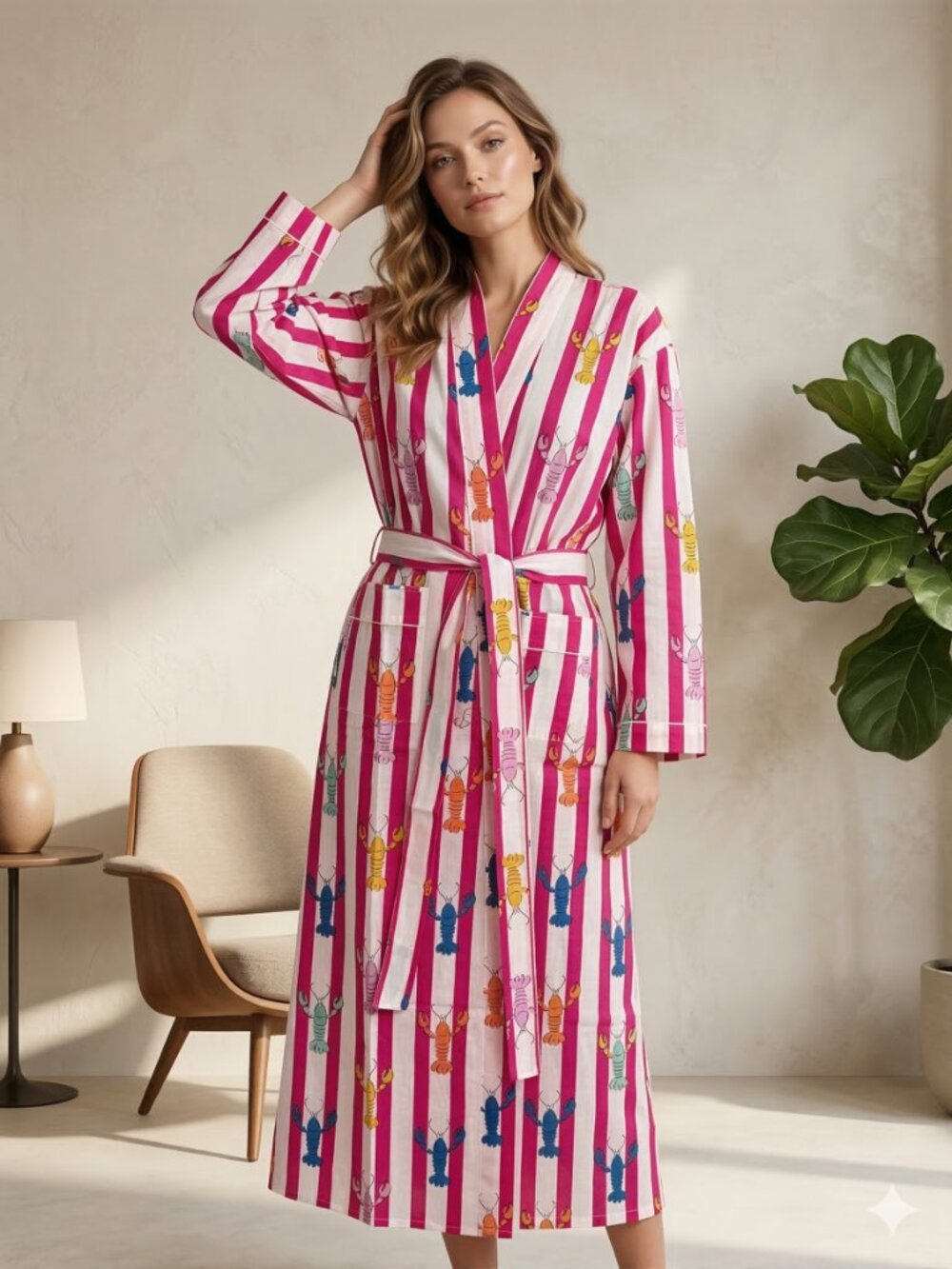 Pink Lobster Block Print Cotton Kimono Robe, Beach Cover Up Dress